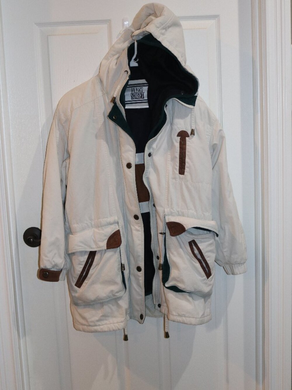 Women's Fleet Street winter white medium, lined winter jacket with hood.